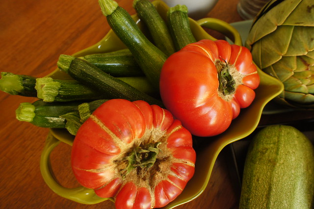 Heirloom tomatoes and zucchini