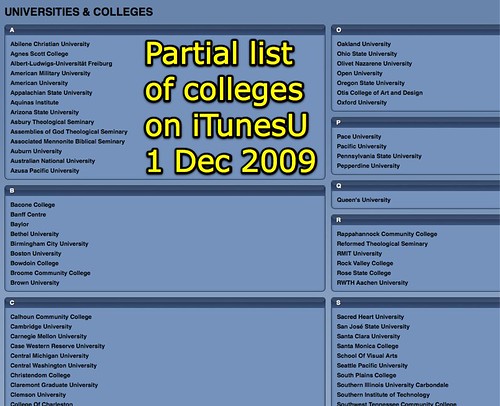 iTunesU: Partial list of colleges on as of 1 Dec 2009