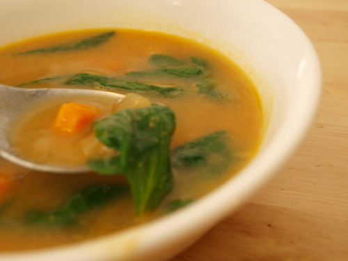 Sweet Potato and Peanut Soup with Baby Spinach