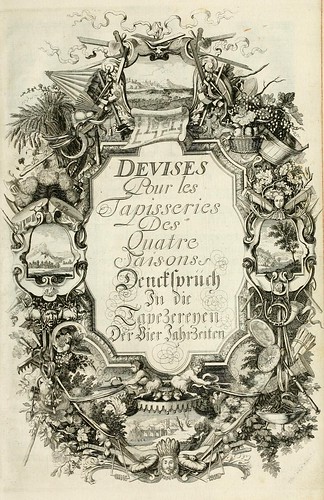 017- portada interior de las divisas para las tapicerias de las estaciones-Tapisseries du roy, ou sont representez les quatre elemens 1690- Sebastien Le Clerc