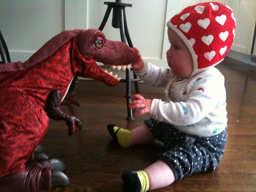 Esther takes on a dinosaur