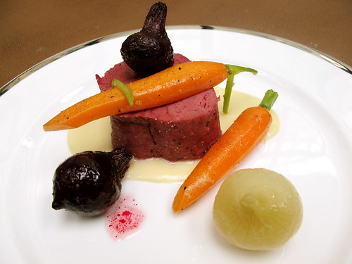 Corned wagyu beef, horseradish soubise, baby beets, carrots and pearl onions