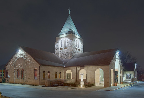 Saint Monica Roman Catholic Church, in Creve Coeur, Missouri, USA - exterior at night