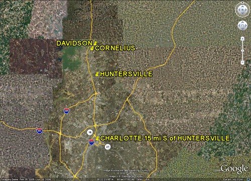 Davidson, Cornelius, and Huntersville, NC, in relation to Charlotte (image by Google Earth, markings by me)