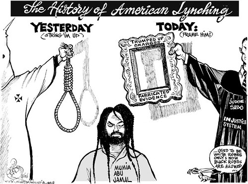 A cartoon portraying the history of lynchings in the United States where in the past it was done by the Ku Klux Klan in white robes and in modern times through a racist judicial system with judges in black robes. Mumia Abu-Jamal is an excellent example. by Pan-African News Wire File Photos