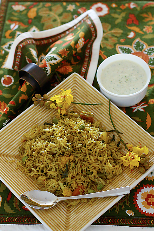 Vegetable Biriyani With Cucumber Mint Raita