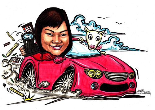 lady caricature in car farewell to chocolate industry A3