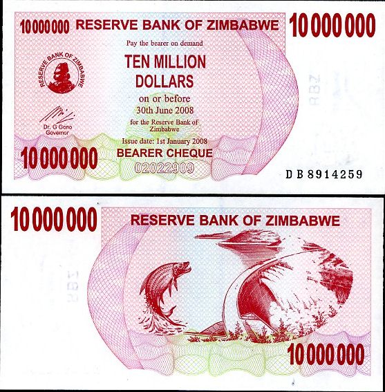 10 miliónov dolárov Zimbabwe 2008, bearer check