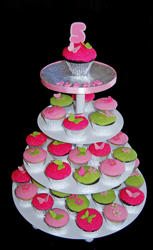 5th birthday pink and green butterfly cupcake tower