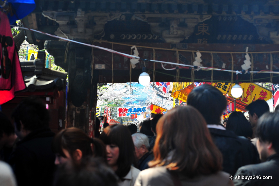 You can see the colorful image of the festival food stalls set up through the dark wood of the outer gate.