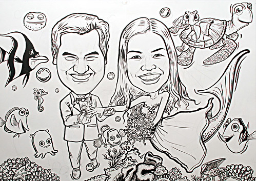 underwater Mermaid wedding couple caricatures A1 siez -ink