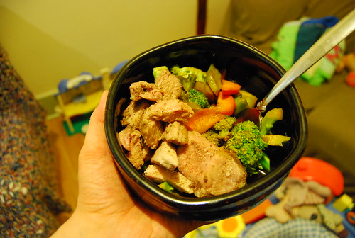 Pork shoulder, broccoli and carrots, rice