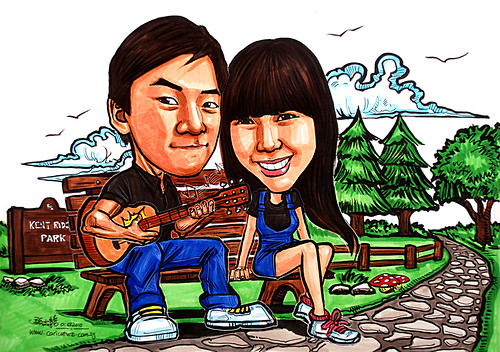 Couple caricatures in park playing guitar