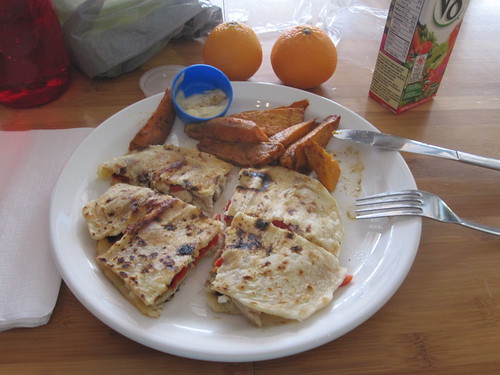 Quesadillas and sweet potatoes, V8, clementines