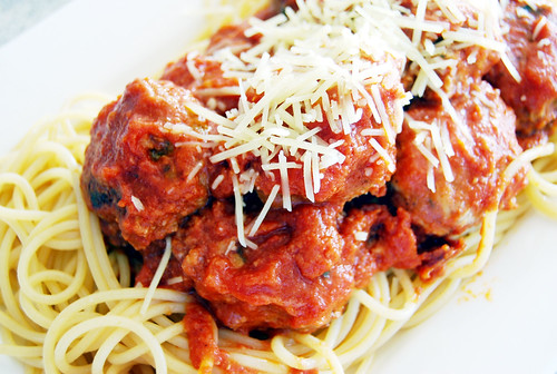 Spaghetti with Mozzarella Stuffed Meatballs by Rachael Ray