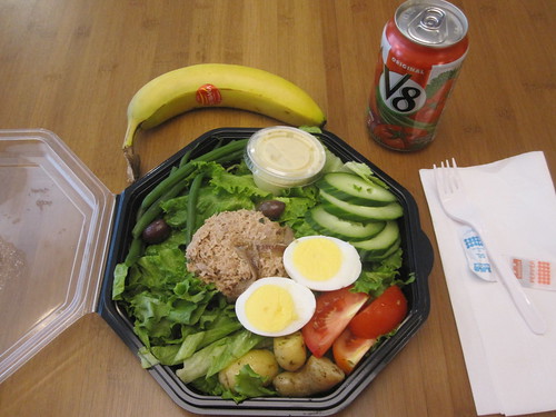 Niçoise salad from Cartet, V8 - $12, free banana from the bistro