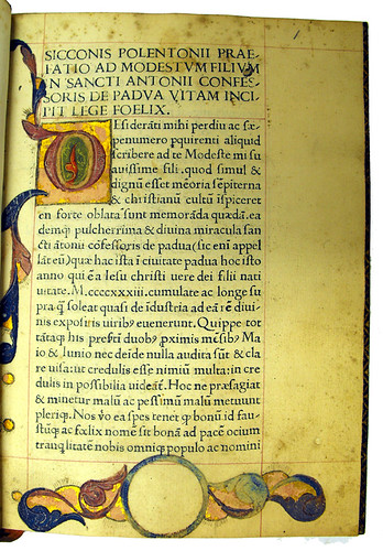 Illuminated initial and border decoration in Polentonus, Sicco: Vita S. Antonii de Padua. Sp Coll Hunterian By.3.12.