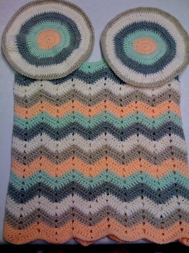 Okay, two crocheted bases inner and outer. A rectangle of ripple edges sewn together to make a 'tubey' I call it.