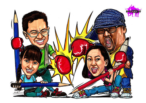 Caricatures of Sheikh Haikel Annabelle Francis Nigel Chew Jermaine Leong on Knockout A4