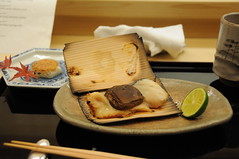 Miso-marinated sawara (spotted mackerel) wrapped in cedar, japanese taro, miso. Kikunoi, Kyoto