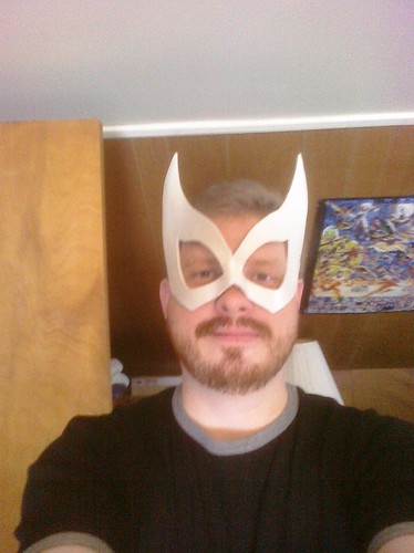  Trying on Comfort's Superhero mask.