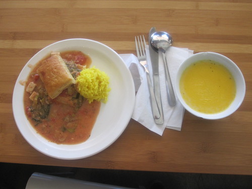 Tofu and veggie puff, rice, carrot soup from the bistro - $6