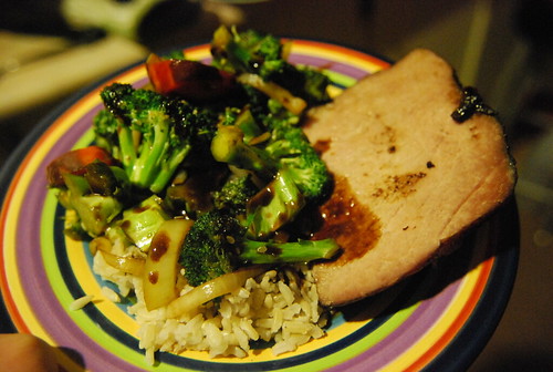 Roast with sauteed broccoli and carrots