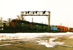 Westbound Burlington Northern intermodal train. La Grange Illinois. January 1987.