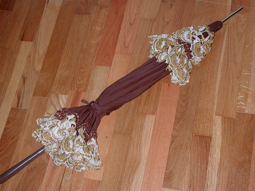 Brown Steampunk OOAK Parasol with gold/brown/ivory trim & lace