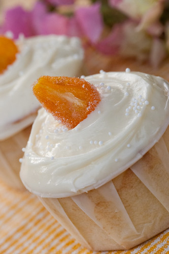 orange cupcake with jasmine petal jelly and vanilla cream cheese frosting