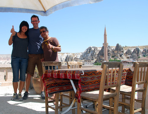 hope, jeremy, and ihsan on the roof of kookaburra pension, cappadocia