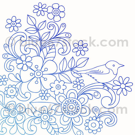 Hand-Drawn Psychedelic Paisley Henna Tattoo Doodle with Flowers and a Bird