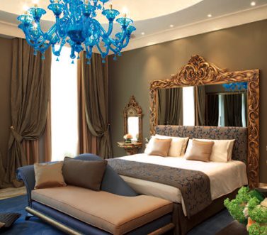 The periwinkle blue chandelier in the Presidential suite of the New York Palace Budapest hotel