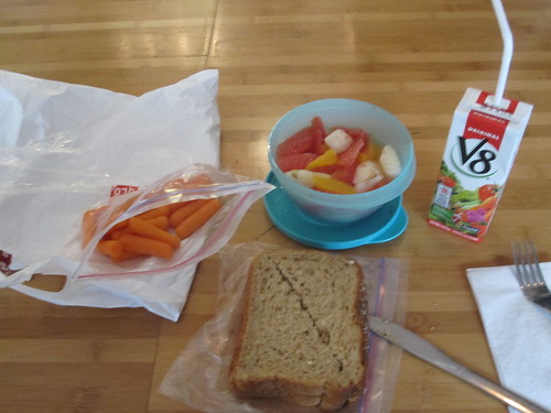 Carrots, PB sandwich, fruit salad, V8