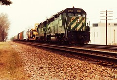 Eastbound Burlington Northern freight train. La Grange Illinois. Febuary 1985.