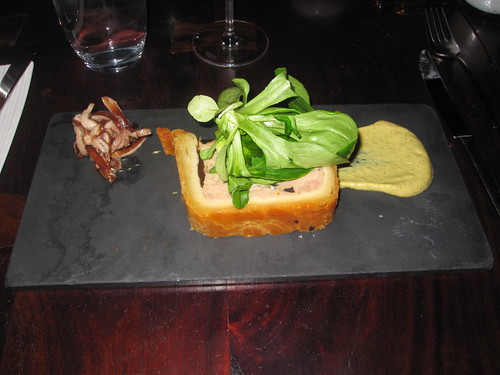 Pork and foie gras pâté en croûte with mushroom salad and mustard