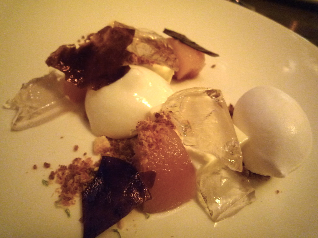 Sheep's milk yoghurt, coconut, poached white peach and black olive nougatine