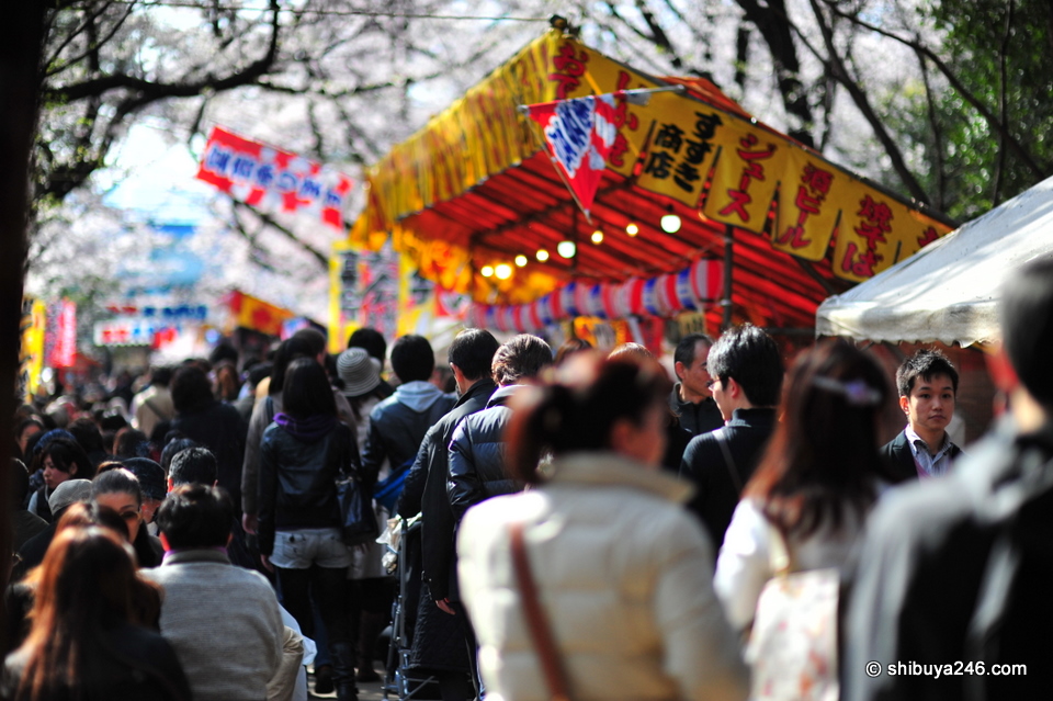 A very busy scene with people buying food at the various stalls on the way to Toshogu Shrine.
