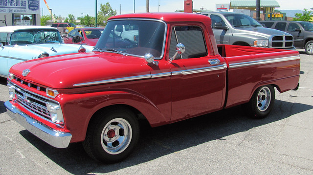 red classic ford truck vintage shiny sweet pickup f100 pickuptruck 1966 chrome vehicle v8 2wd fomoco customcab longbed showtruck fseries 12ton eyellgeteven