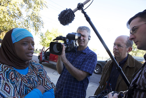 Violence interrupter Ameena Matthews with Producer/Director Steve James, Producer Alex Kotlowitz, and Co-Producer/Sound Recordist Zak Piper. (Photo by Aaron Wickenden/Courtesy of Kartemquin Films)