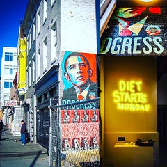An original @obeygiant poster now visible in new @dietstartsmonday__ - image from my archives from 2008 on the left, of a much less healthy @14thandu | ❤️🌎 #instadc #DC #History #wherewecamefrom PS love the #allgender bathrooms inside