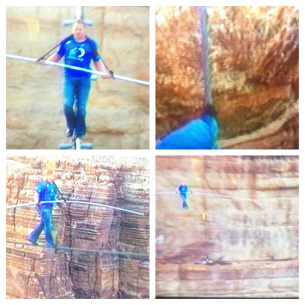 SO THEREs THIS FOOL RIGHT NOW, LIVE ON TV, TIGHT ROPING  THE FREAKING GRAND CANYON ON DISCOVERY CHANNEL.... and I admit the only reason why Im watching it to see him fall lol...  God is probably watching amused too. empty prayers. WHEN SINCE DOES GOD HO