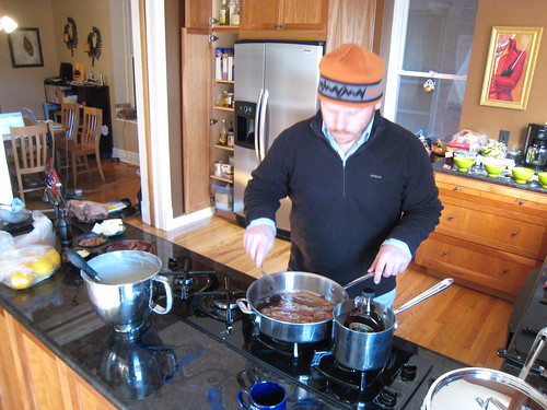 Michael came over and made baked pancakes that were spectacular - Cooking the bacon and heating the maple syrup
