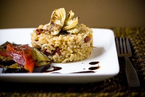 Baked Sundried Tomato Risotto with Veggies and Balsamic Reduction