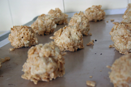 Balls of Special K Cookie dough ready to bake on a cookie sheet.