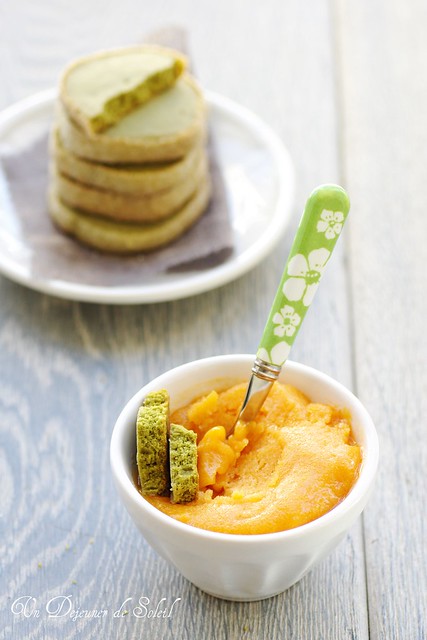 Apricot sorbet and matcha shortbreads