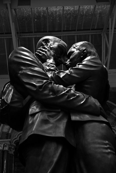 The gigantic bronze sculpture above the entrance