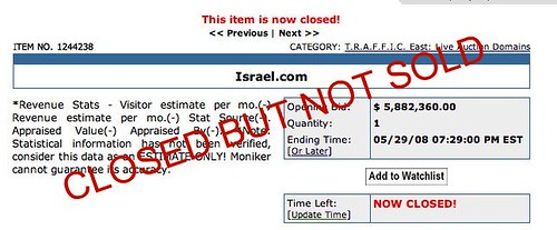 Israel.com on sale for 5.88 million dollars. Closed not SOLD