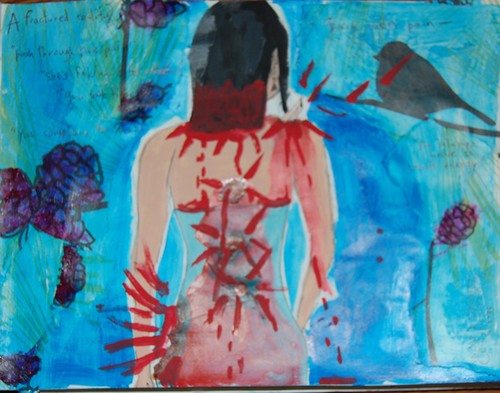 A painting of a woman facing away from the viewer, surrounded by blue sky, birds and flowers. Down her back are three lumps with red pain lines coming from it, and from her hip and neck