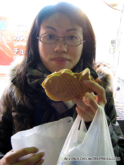 Rachel with her fish-shaped pancake